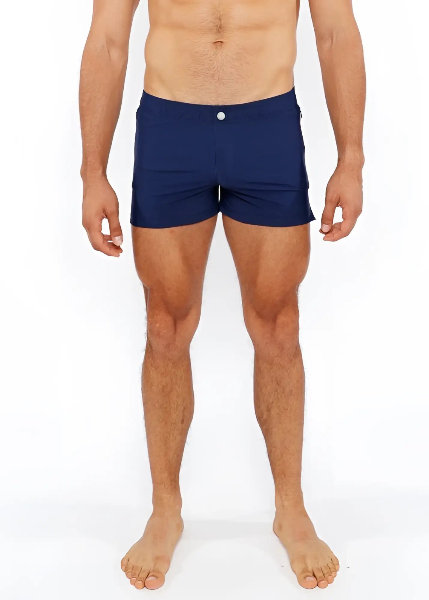 Navy blue pinstripe swim short with white button closure designed for comfortable beach and poolwear