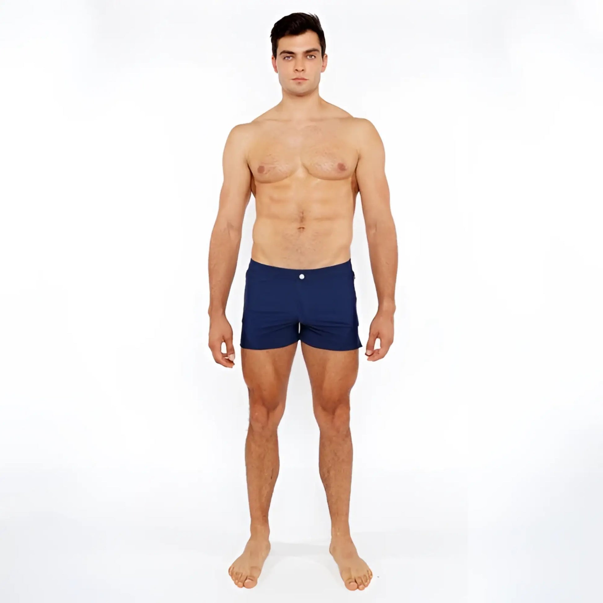 Navy blue pinstripe swim short with a single white button at the waistband for beach and pool use