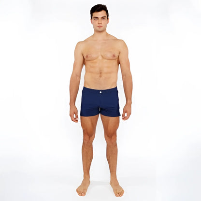 Navy blue pinstripe swim short with a single white button at the waistband for beach and pool use