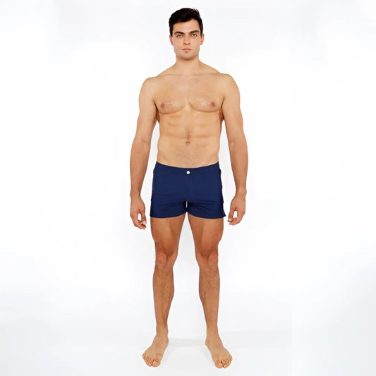 Navy blue pinstripe swim short with a single white button at the waistband for beach and pool use