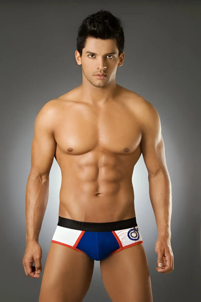 Blue white and red athletic briefs with black waistband and circular logo design pipe equal brief underwear bs1003 size s