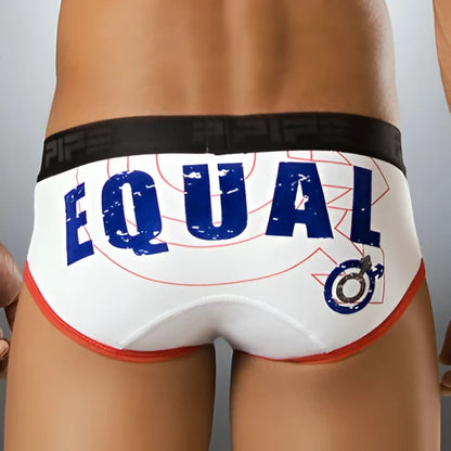 White briefs pipe equal brief underwear bs1003 size s with bold blue equal lettering red trim and black branded waistband