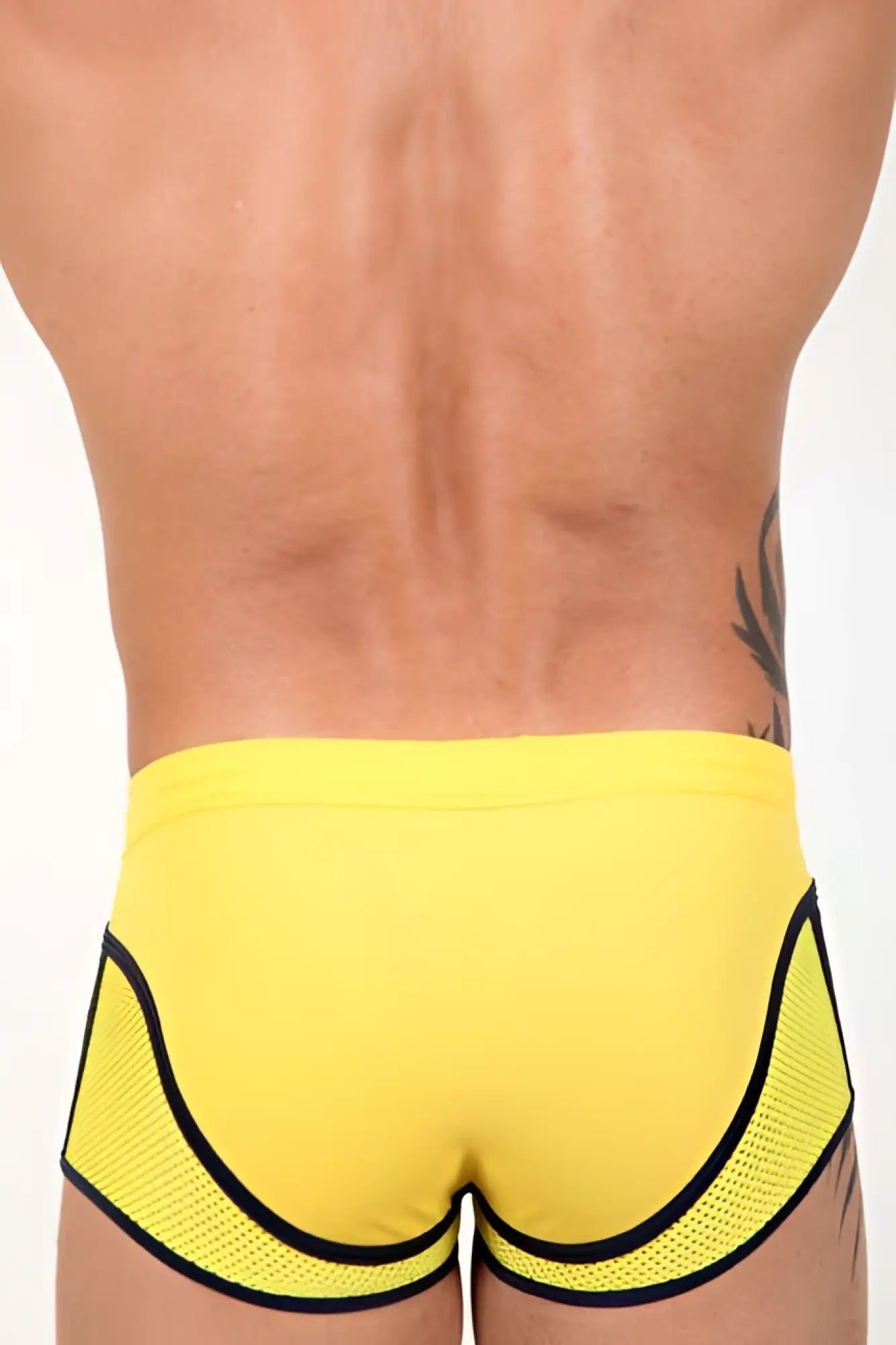 Bright yellow pistol pete atomic midcut square cut trunk swimwear with black mesh panels and trim size s