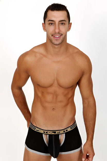 Black and gray pistol pete magnum open back trunk underwear with central pouch and gold logo waistband size s