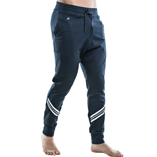 Dark navy pistol pete ppd005 jogger pants with white diagonal stripes and logo on the upper left thigh