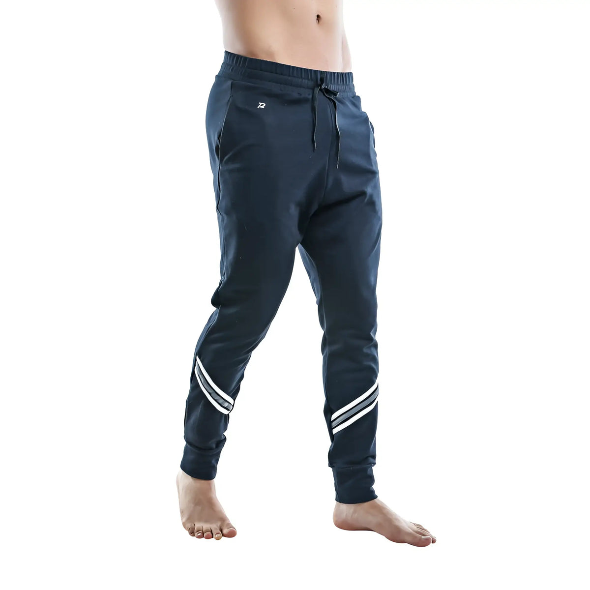 Dark navy pistol pete ppd005 jogger pants with white diagonal stripes and small logo on upper left thigh