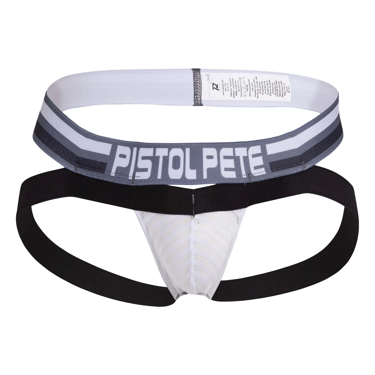 Black and white mesh thong jockstrap with pistol pete branding on waistband for comfortable support