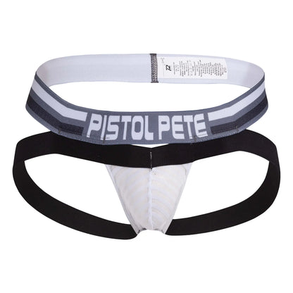 Black and white mesh thong jockstrap with pistol pete branding on waistband for comfortable support