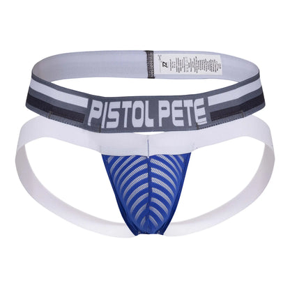 Blue and white mesh athletic brief with pistol pete branded waistband from pistol pete ppe007 jockstrap collection