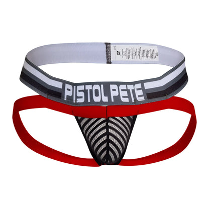 Red and black mesh athletic briefs with gray waistband featuring pistol pete logo from pistol pete ppe007 jockstrap
