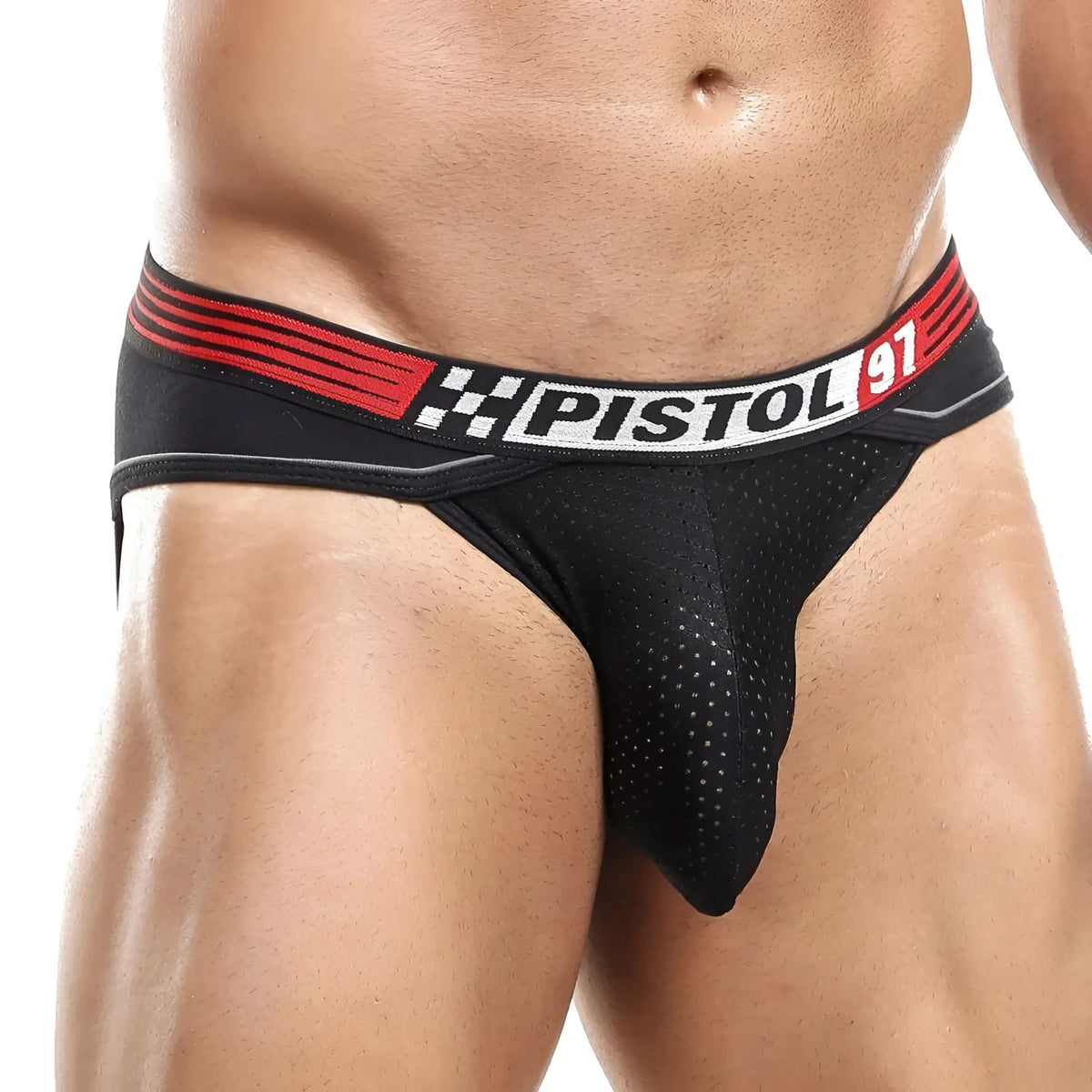 Black mesh briefs with red and white pistol pete branded waistband featuring pistol 91 logo in ppe011 jockstrap