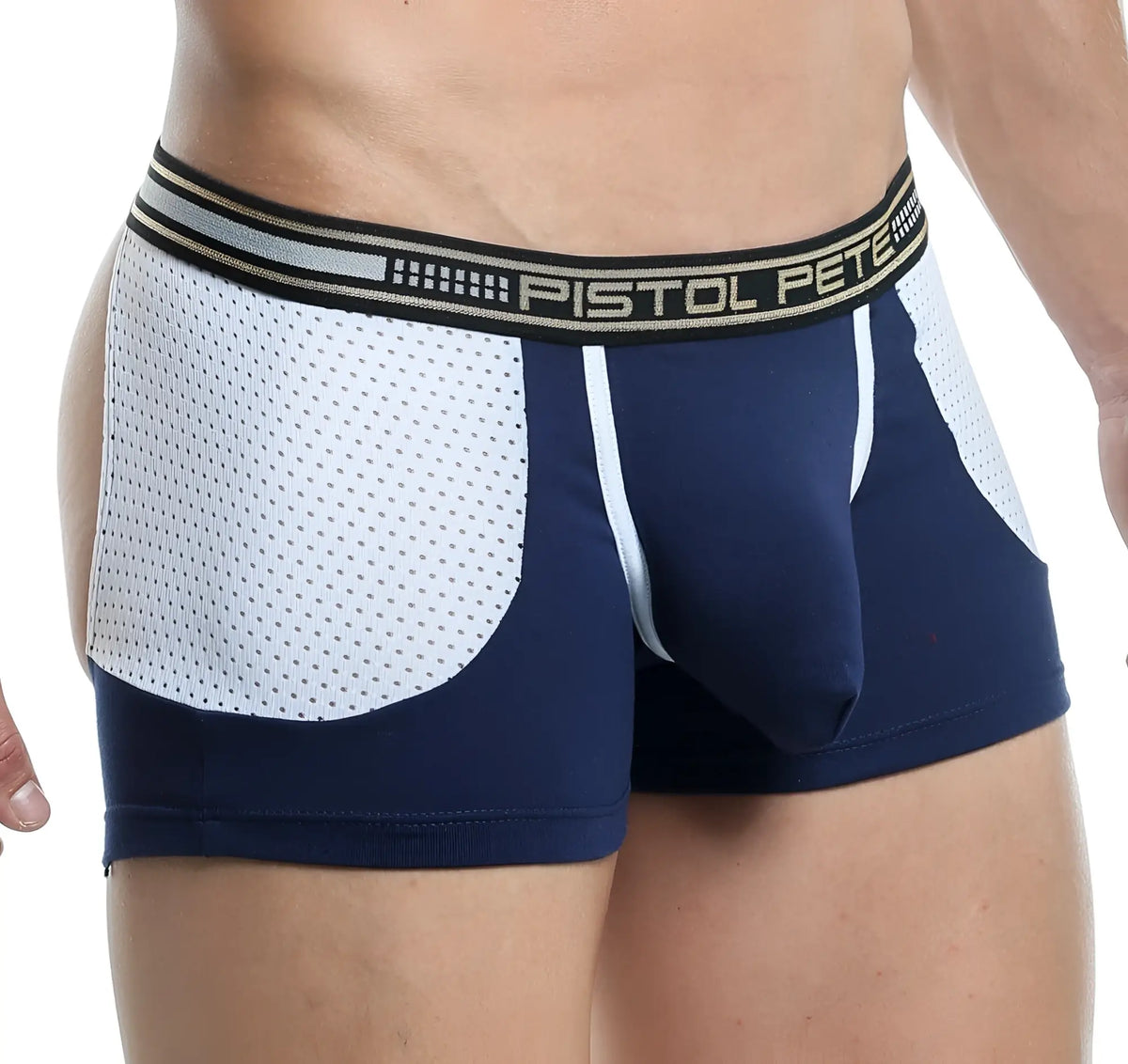 Navy blue and white mesh boxer briefs with a black gray and gold pistol pete branded waistband from ppe015 jockstrap