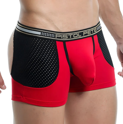 Red and black pistol pete ppe015 jockstrap with perforated mesh side panel and branded waistband