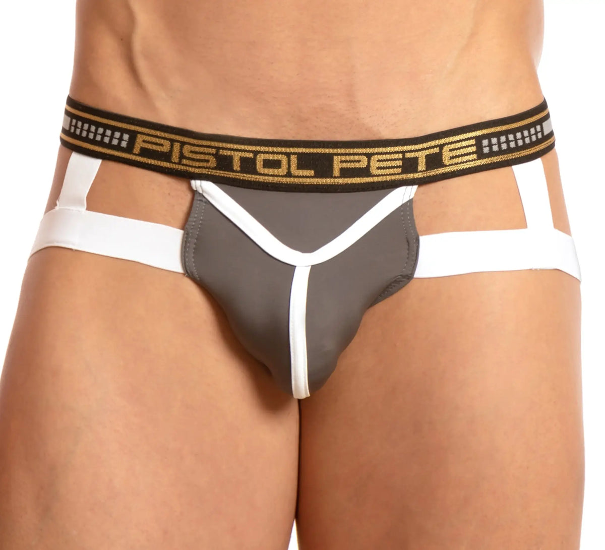 Gray and white pistol pete briefs with black waistband featuring gold lettering from pistol pete ppe025 alvaro bautista jock