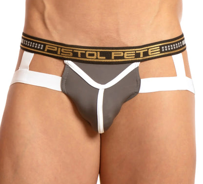 Gray and white pistol pete briefs with black waistband featuring gold lettering from pistol pete ppe025 alvaro bautista jock