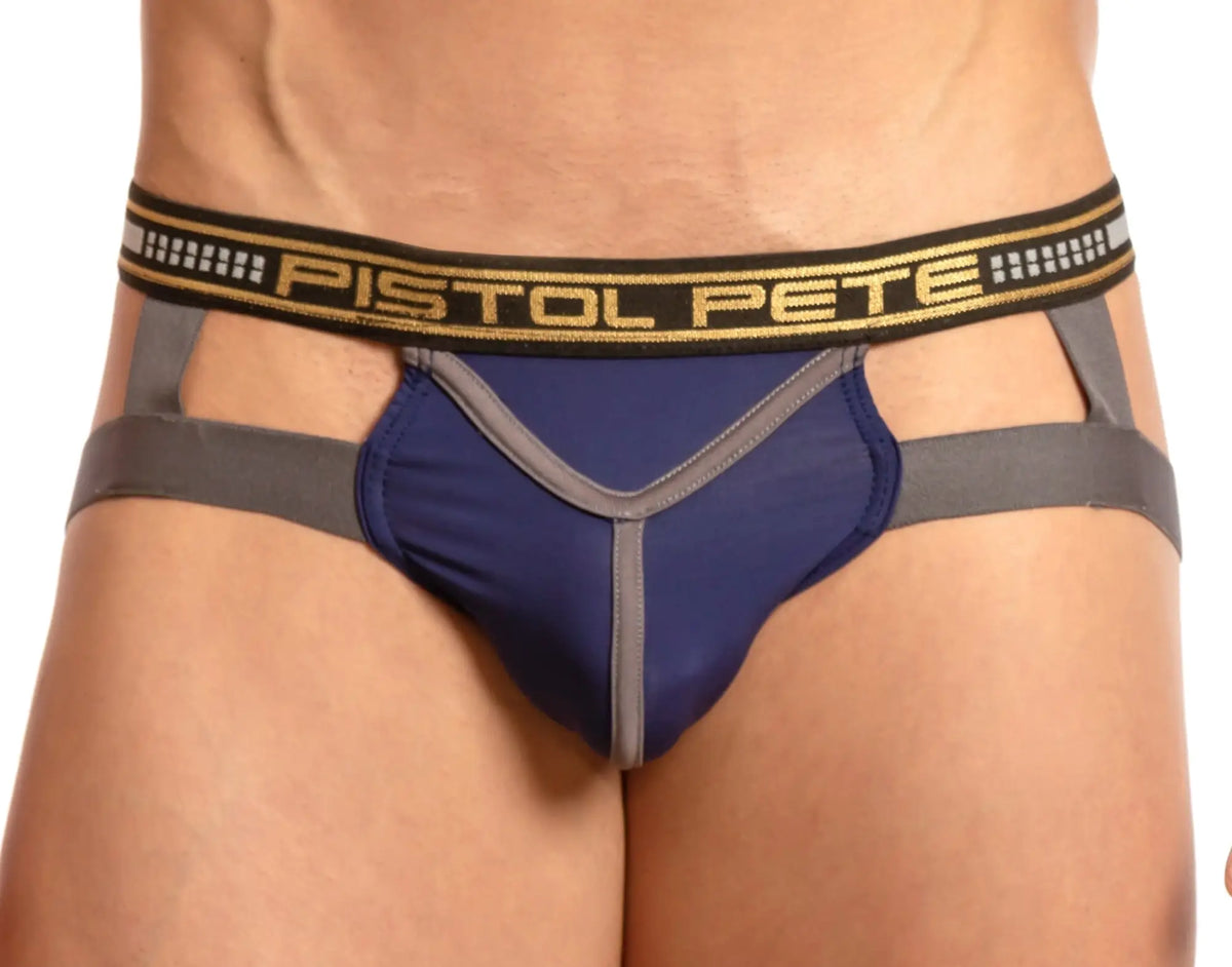Navy blue and gray Pistol Pete PPE025 Alvaro Bautista jock briefs with black waistband and gold logo lettering
