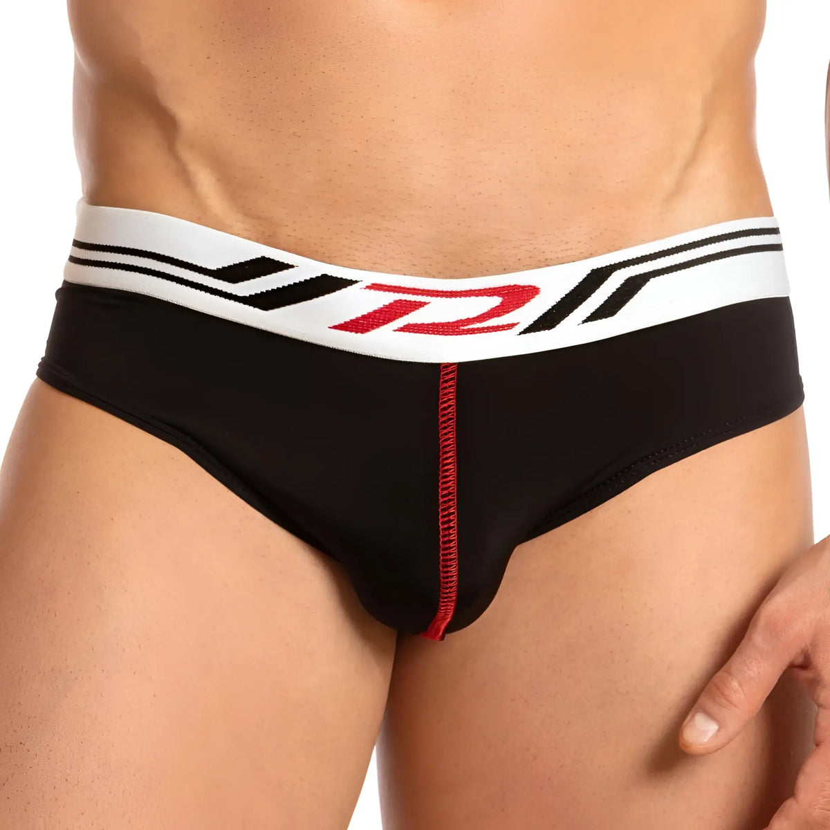 Pistol pete ppe026 brief jock black menâ€™s briefs with white waistband black and red stripes and red zipper front