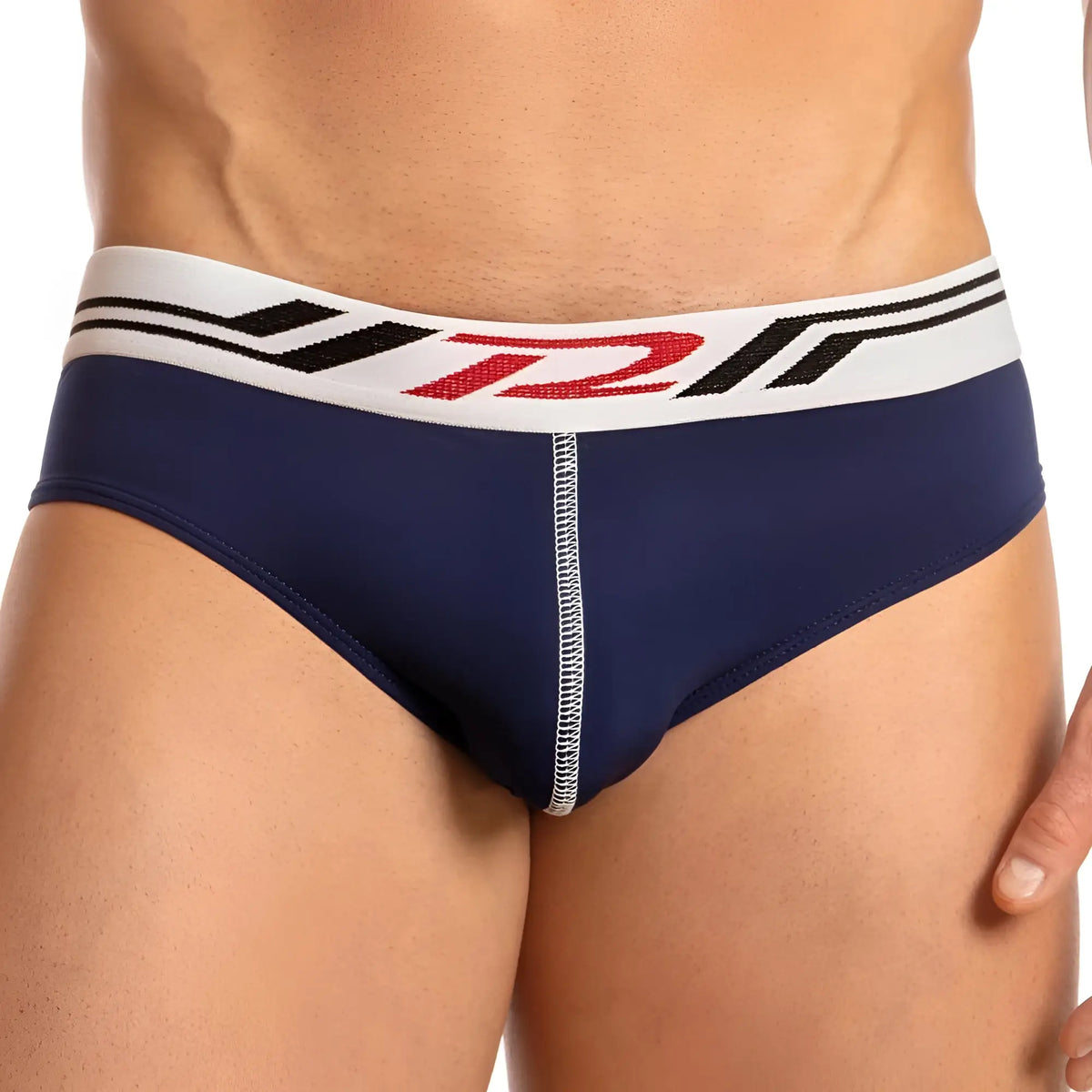 Navy blue menâ€™s briefs with a white waistband featuring black and red Pistol Pete branding stripes PPE026 brief jock
