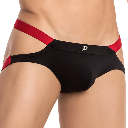 Pistol Pete PPE030 jockstrap menâ€™s briefs in black with red bold side straps and sleek form-fitting design