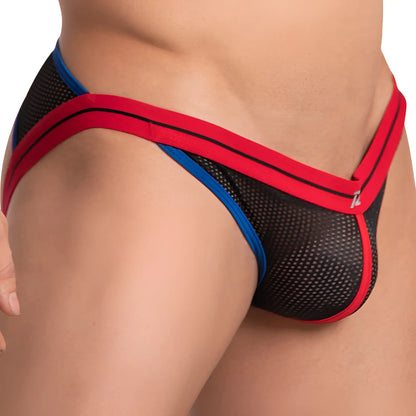 Pistol pete ppe033 jockstrap black mesh briefs with bold red and blue trim shown from the back side
