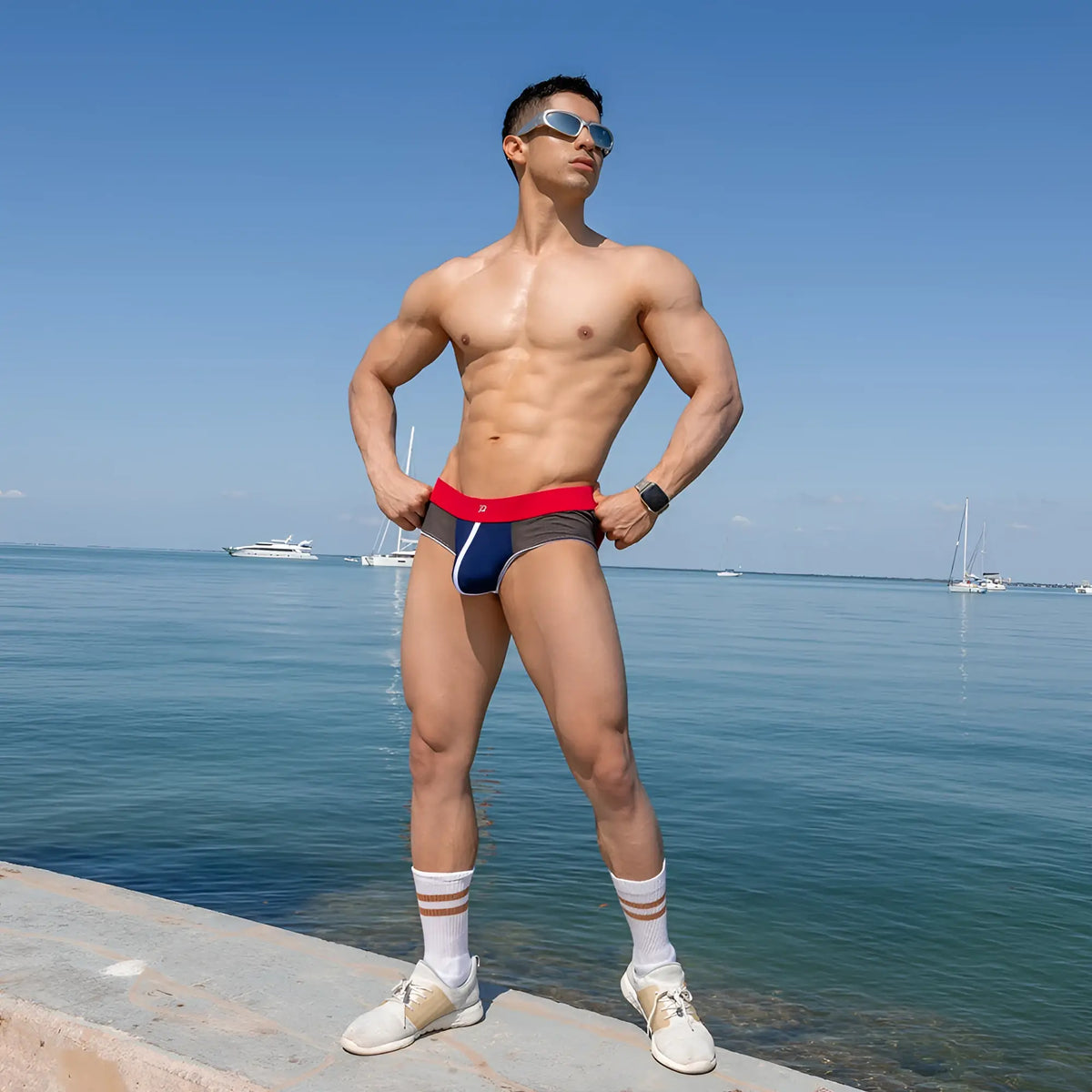 Pistol Pete PPE034 jockstrap in navy and red athletic briefs with a bold sporty design for men