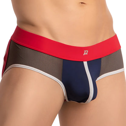Pistol Pete PPE034 jockstrap in red navy blue and gray with mesh panel design and athletic-style briefs