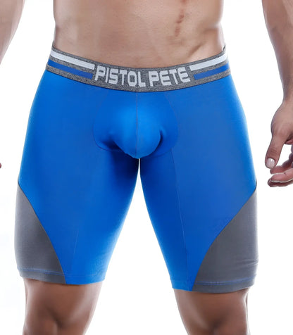 Blue and gray athletic boxer briefs with pistol pete waistband designed for comfort and performance in active wear