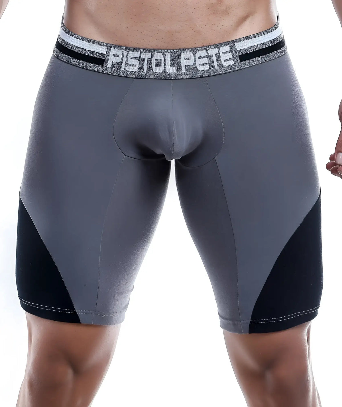 Gray and black athletic boxer trunk with pistol pete logo on waistband designed for active wear