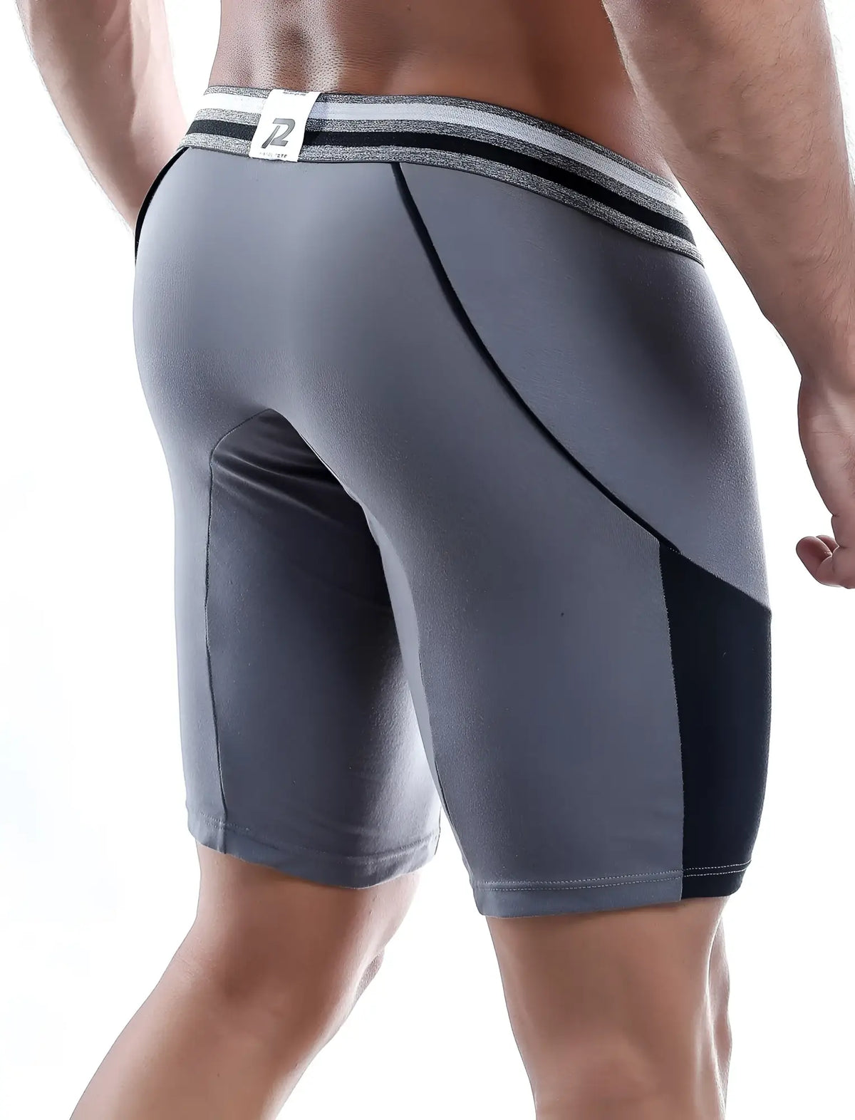 Gray and black Pistol Pete PPG013 boxer trunk shorts with striped waistband and white brand tag