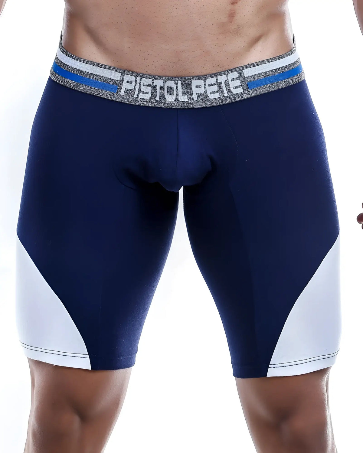 Navy blue and white pistol pete ppg013 boxer trunk briefs with gray waistband and bold white logo with blue stripes