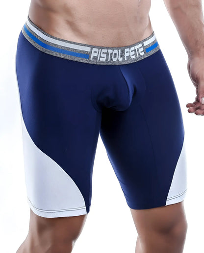 Navy blue and white athletic boxer trunk with gray blue and white striped waistband featuring pistol pete brand name
