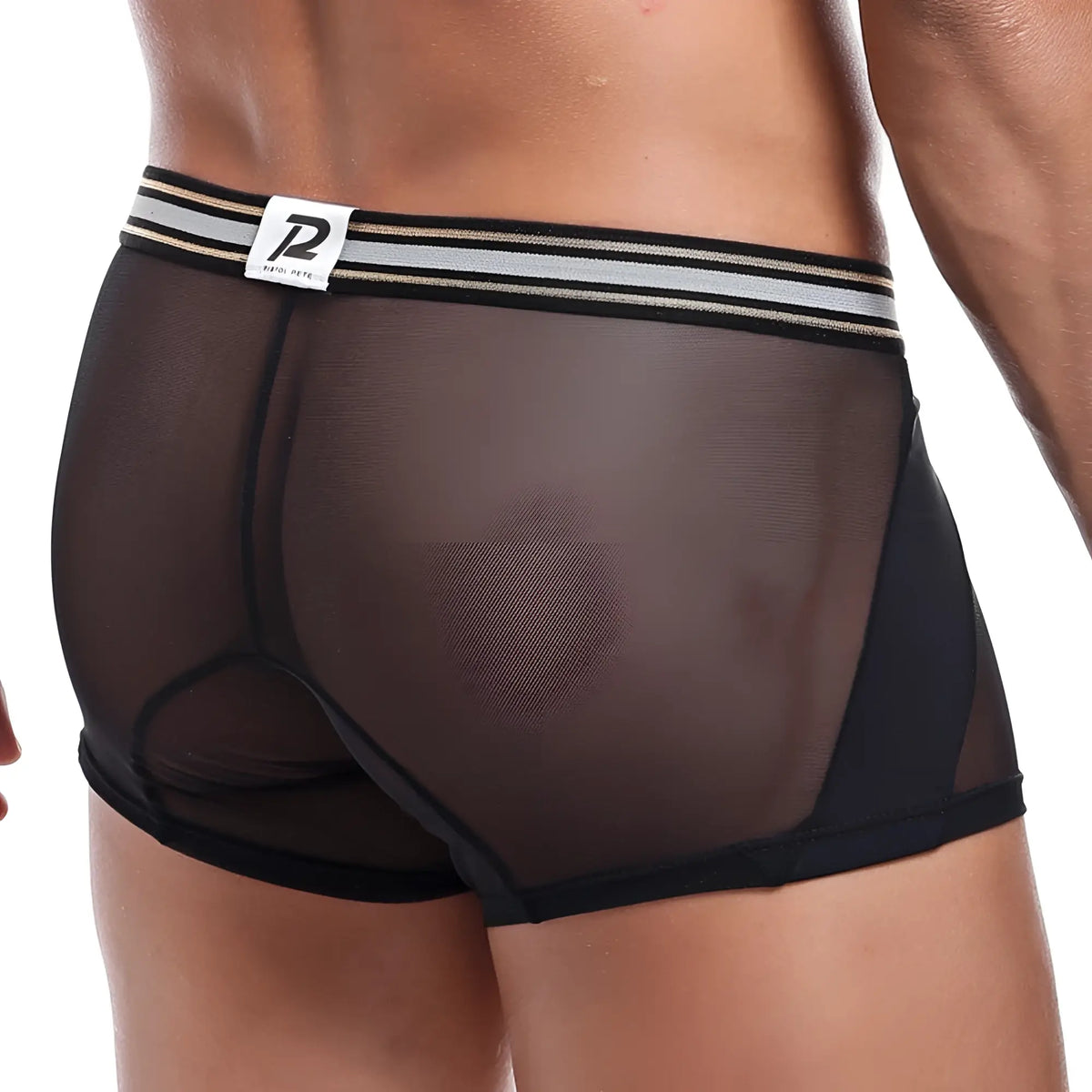Black mesh pistol pete ppg022 boxer trunk with striped waistband and p logo for comfortable support