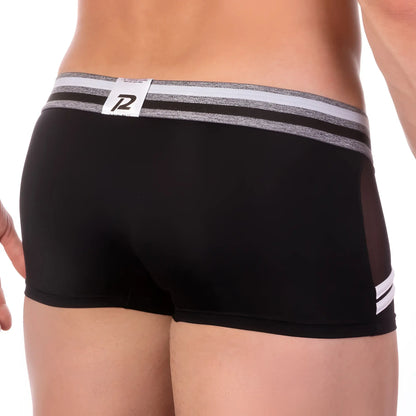 Black menâ€™s Pistol Pete PPG026 no hit boxer briefs with gray white striped waistband mesh side panels and white leg stripes