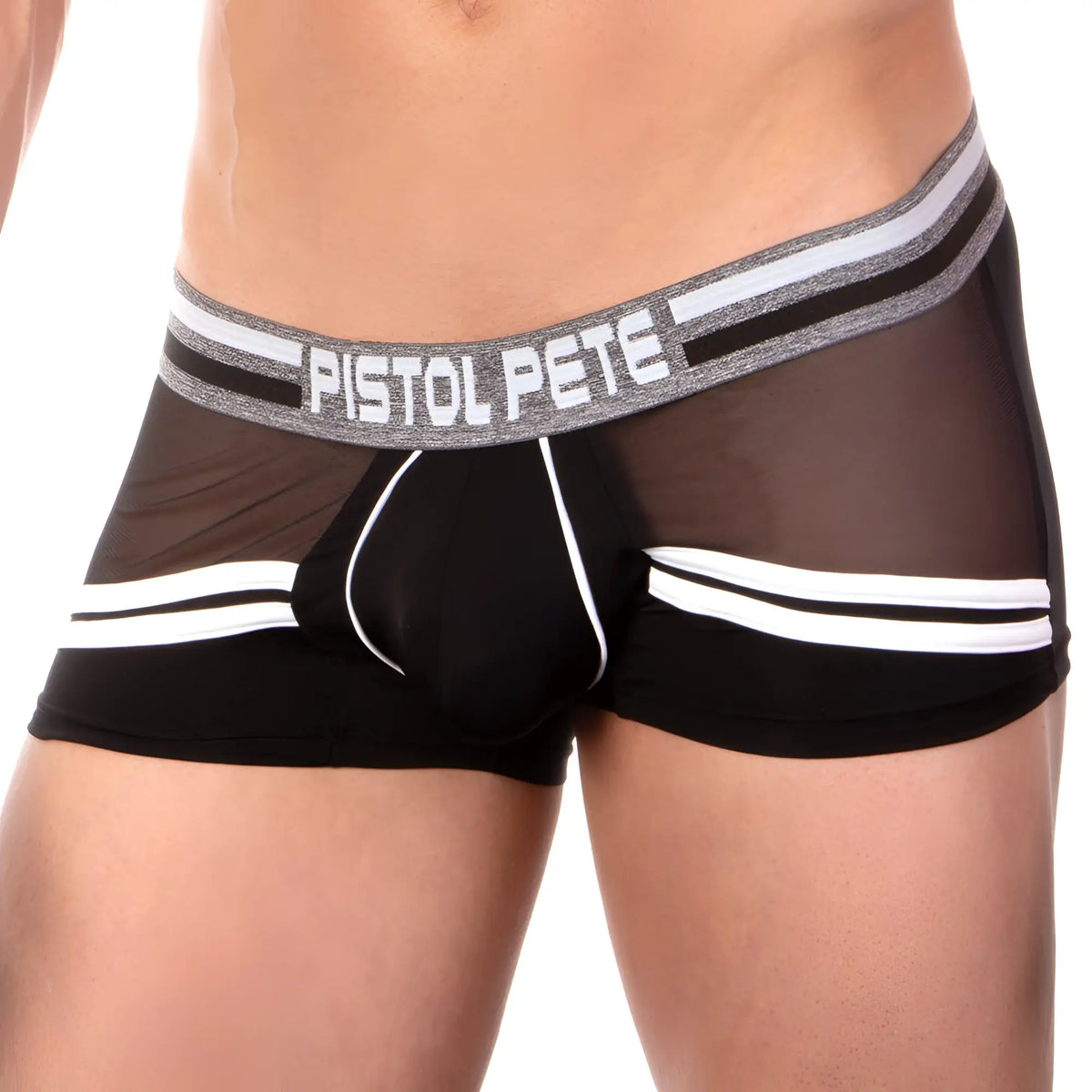 Black mesh boxer briefs with white stripes and gray waistband featuring pistol pete logo ppg026 no hit boxer brief