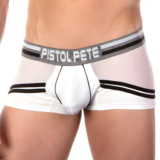 White menâ€™s boxer briefs with black stripes and gray waistband featuring pistol pete logo model PPG026 no hit boxer brief