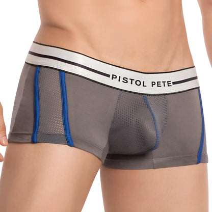 Gray pistol pete ppg035 boxer trunk with blue mesh panels and white waistband featuring the pistol pete logo