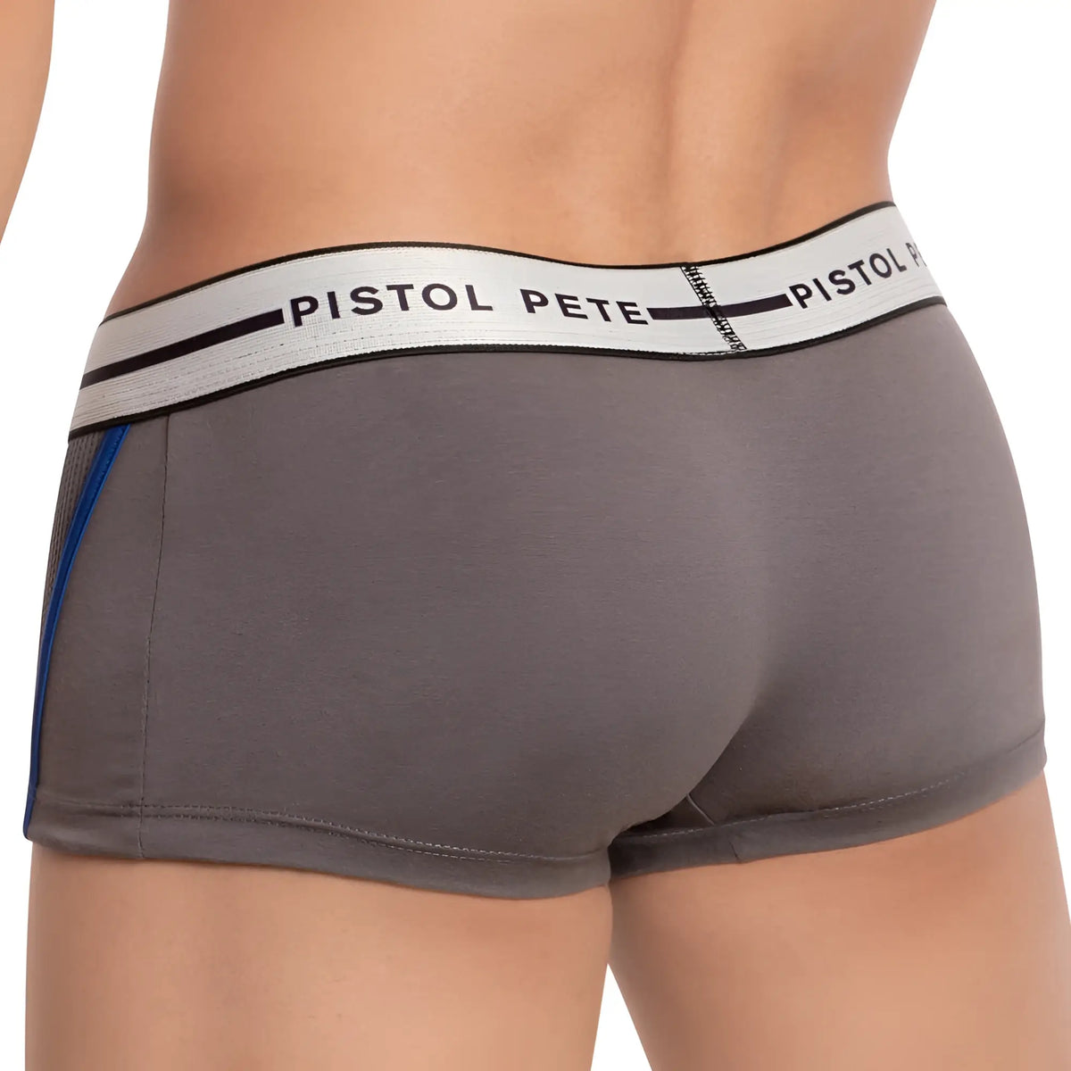 Gray pistol pete ppg035 boxer trunks with a white elastic waistband black branding and a blue side panel