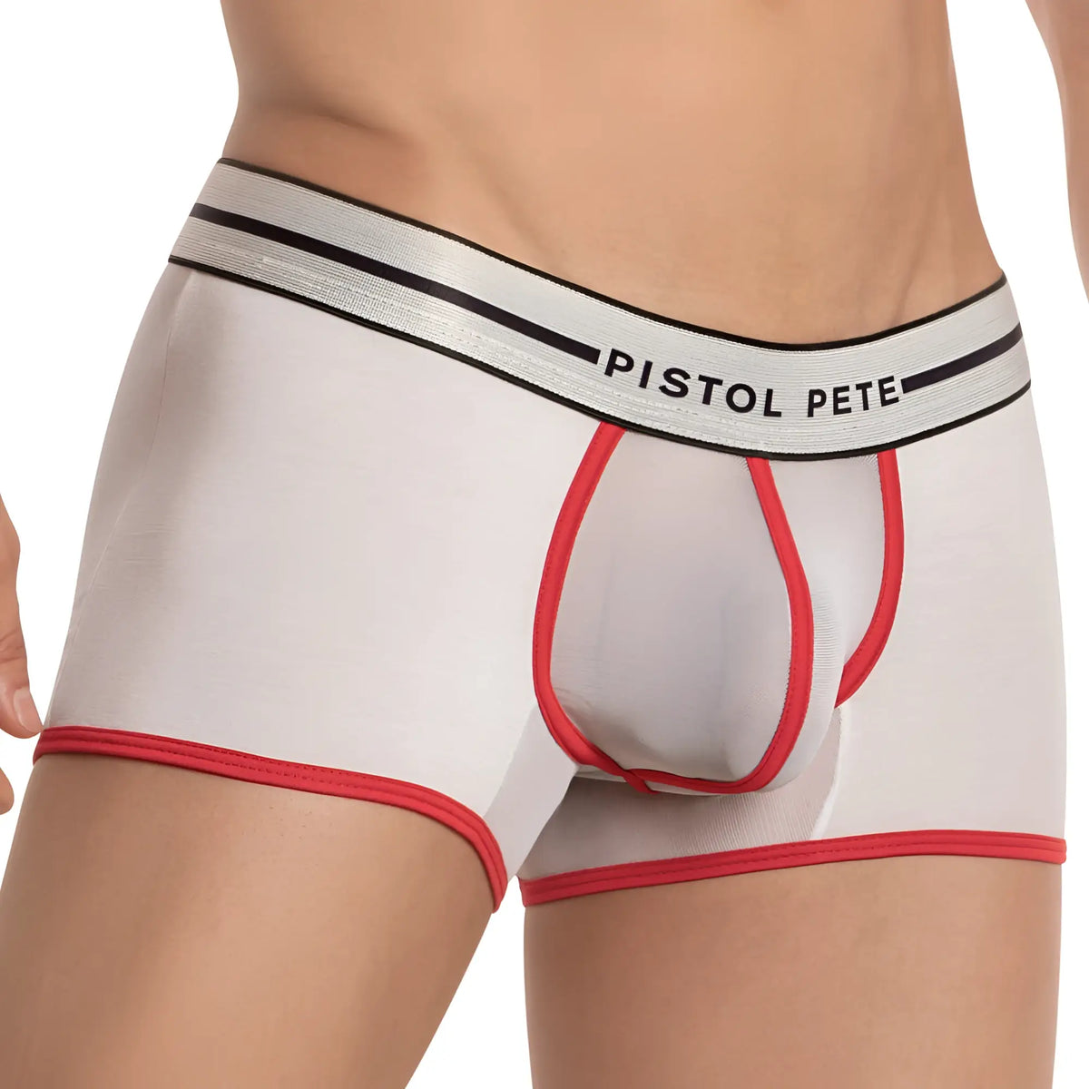 White and red pistol pete ppg036 boxer trunk with mesh panel and branded waistband for men