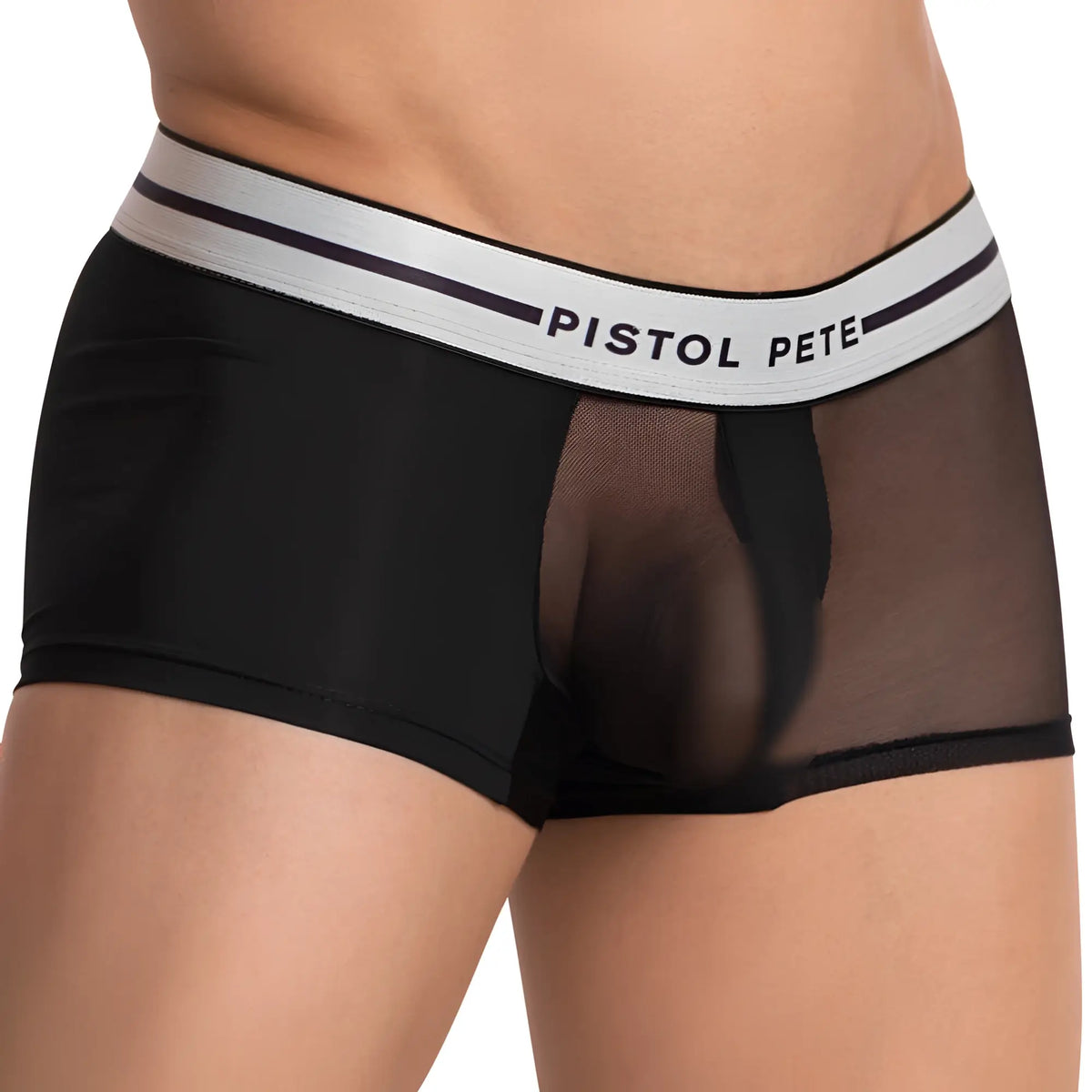 Black mesh pistol pete ppg039 boxer briefs with white waistband featuring pistol pete logo in black text