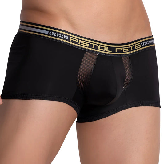 Black menâ€™s boxer briefs with gold and gray branded waistband featuring the Pistol Pete logo PPG041 design