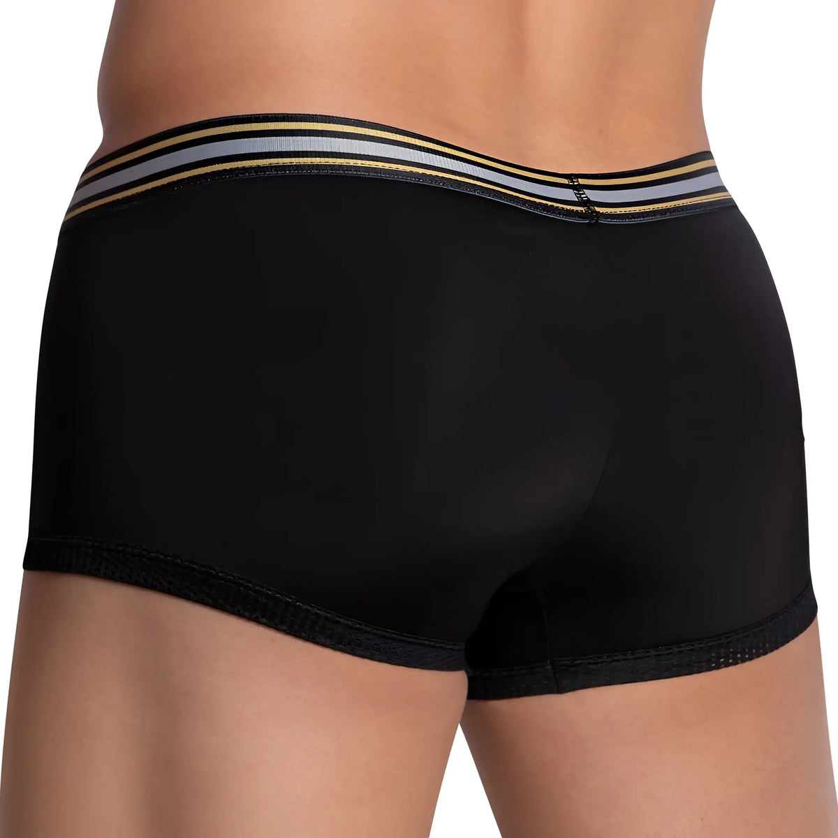 Black pistol pete ppg041 boxer briefs with gold and gray striped waistband designed for comfort and support