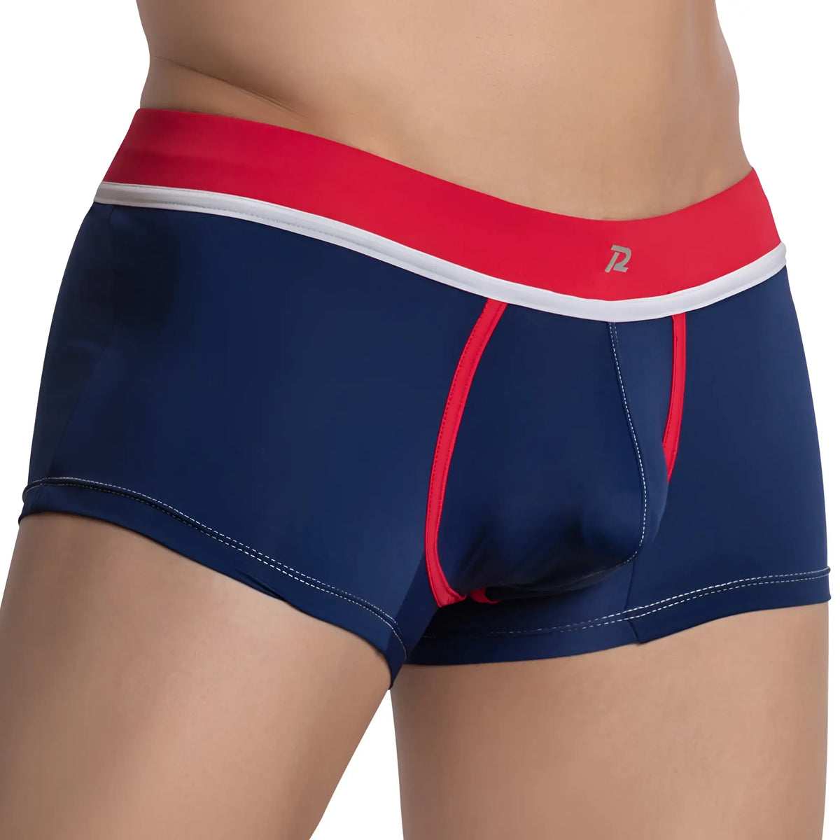 Navy blue pistol pete ppg042 boxer briefs with red and white waistband and subtle red side stitching