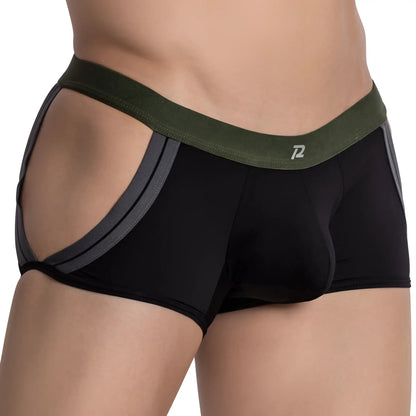 Black and olive green cut-out boxer briefs with gray trim by pistol pete model PPG044 designed for comfort and style