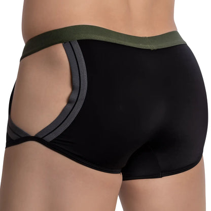 Pistol pete ppg044 boxer brief in black with olive green waistband and gray trim detailing for comfortable support