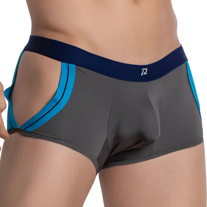 Gray and blue pistol pete ppg044 boxer brief with navy waistband and p logo designed for athletic support