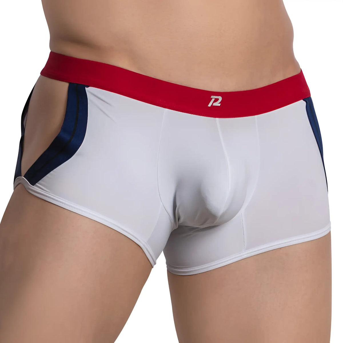 White menâ€™s boxer briefs pistol pete ppg044 with red waistband white logo and navy blue side panels front view