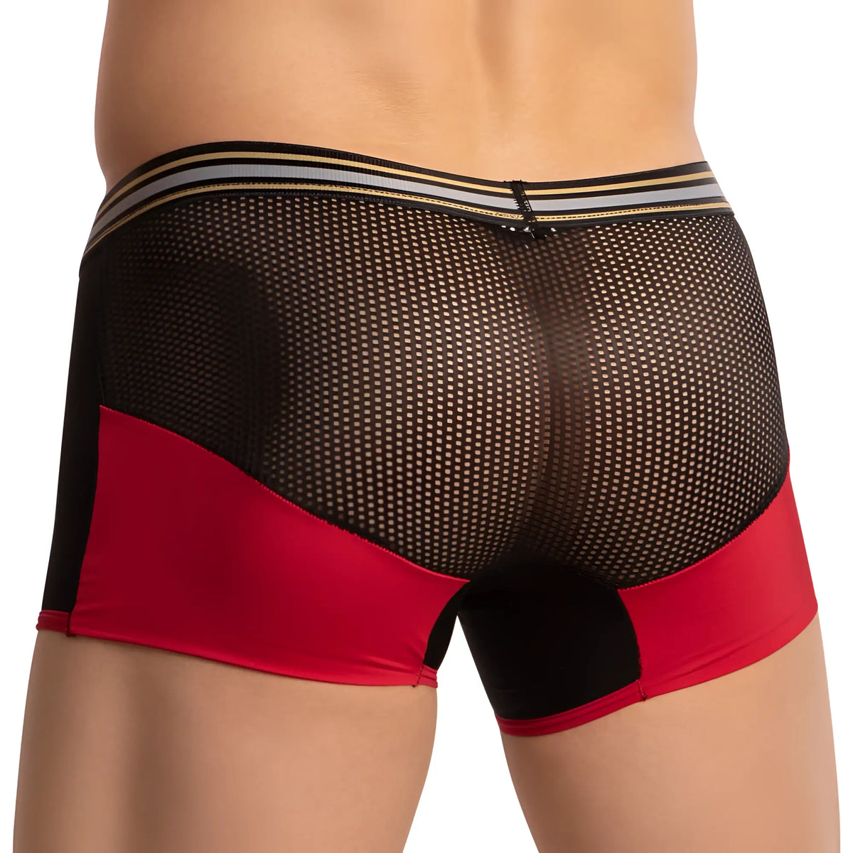 Pistol pete ppg045 boxer trunk black and red mesh briefs with striped waistband front view