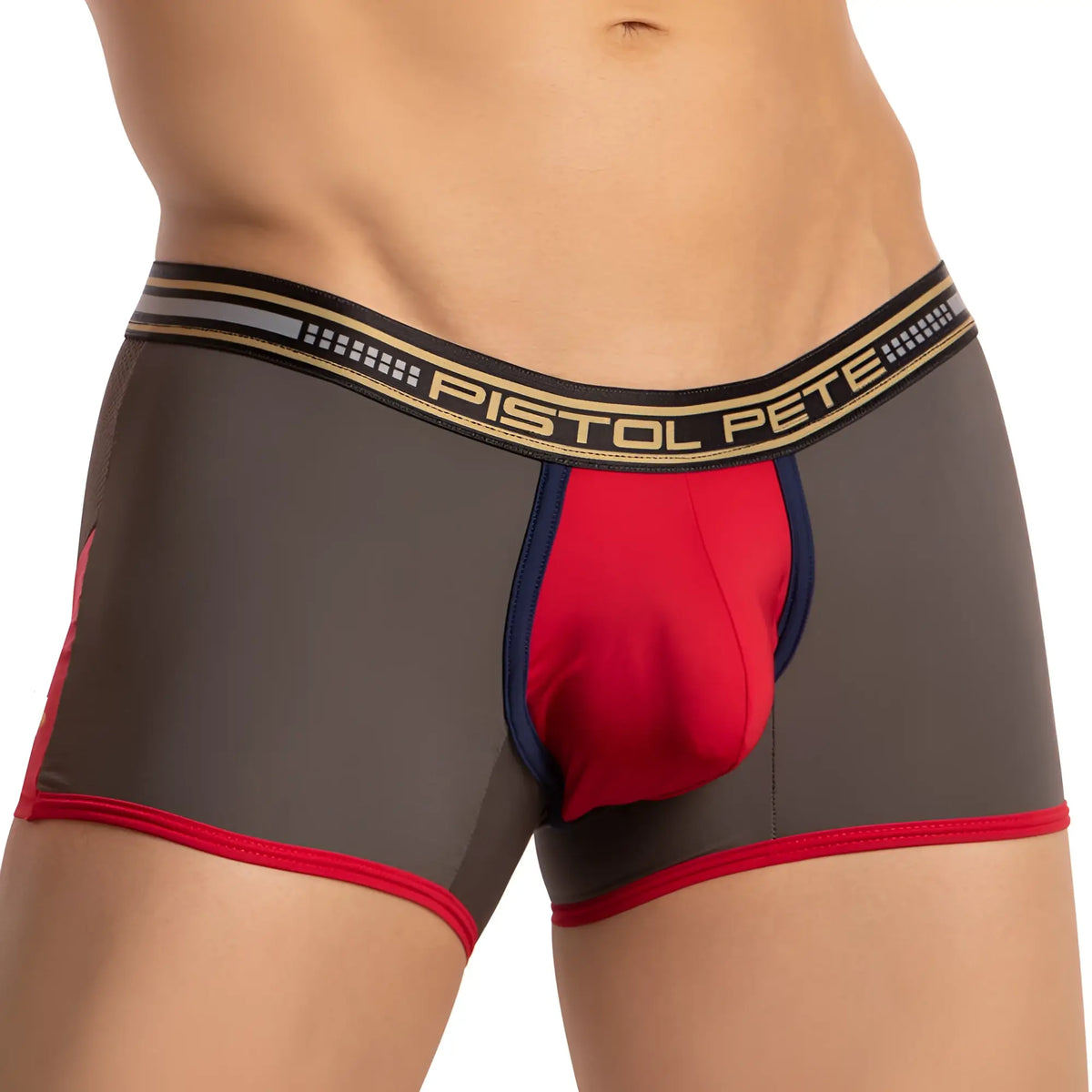 Gray and red pistol pete ppg045 boxer trunk with black waistband and gold logo for menâ€™s comfortable support