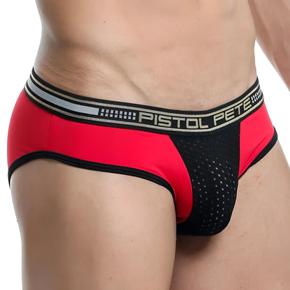 Red and black athletic briefs with perforated mesh panel and pistol pete brand waistband in pistol pete PPJ012 brief