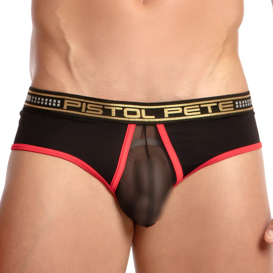 Black and red transparent briefs with gold pistol pete waistband for stylish and bold underwear look